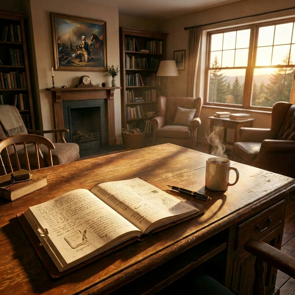 Sunlit wooden desk with an open journal, steaming mug, and sleeping cat in a library.